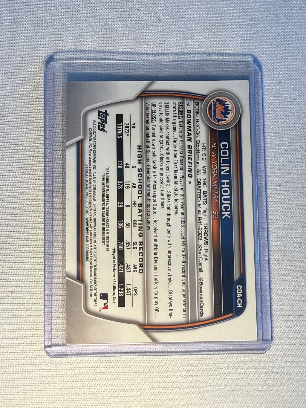 Colin Houck 1st Bowman Chrome.Autographed Card