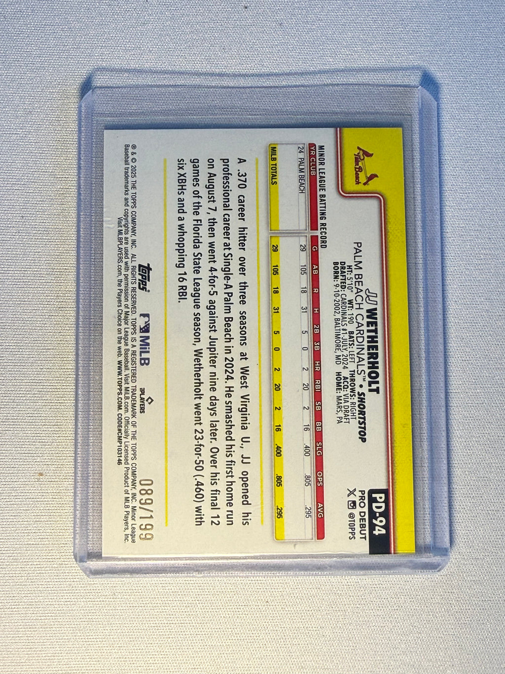 JJ Wetherholt Topps Pro Debut /199