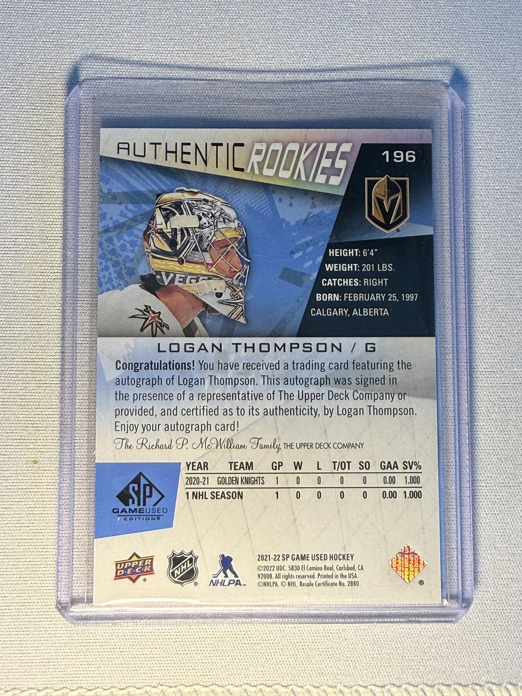 Logan Thompson Upper Deck Authentic Rookies Autographed Card