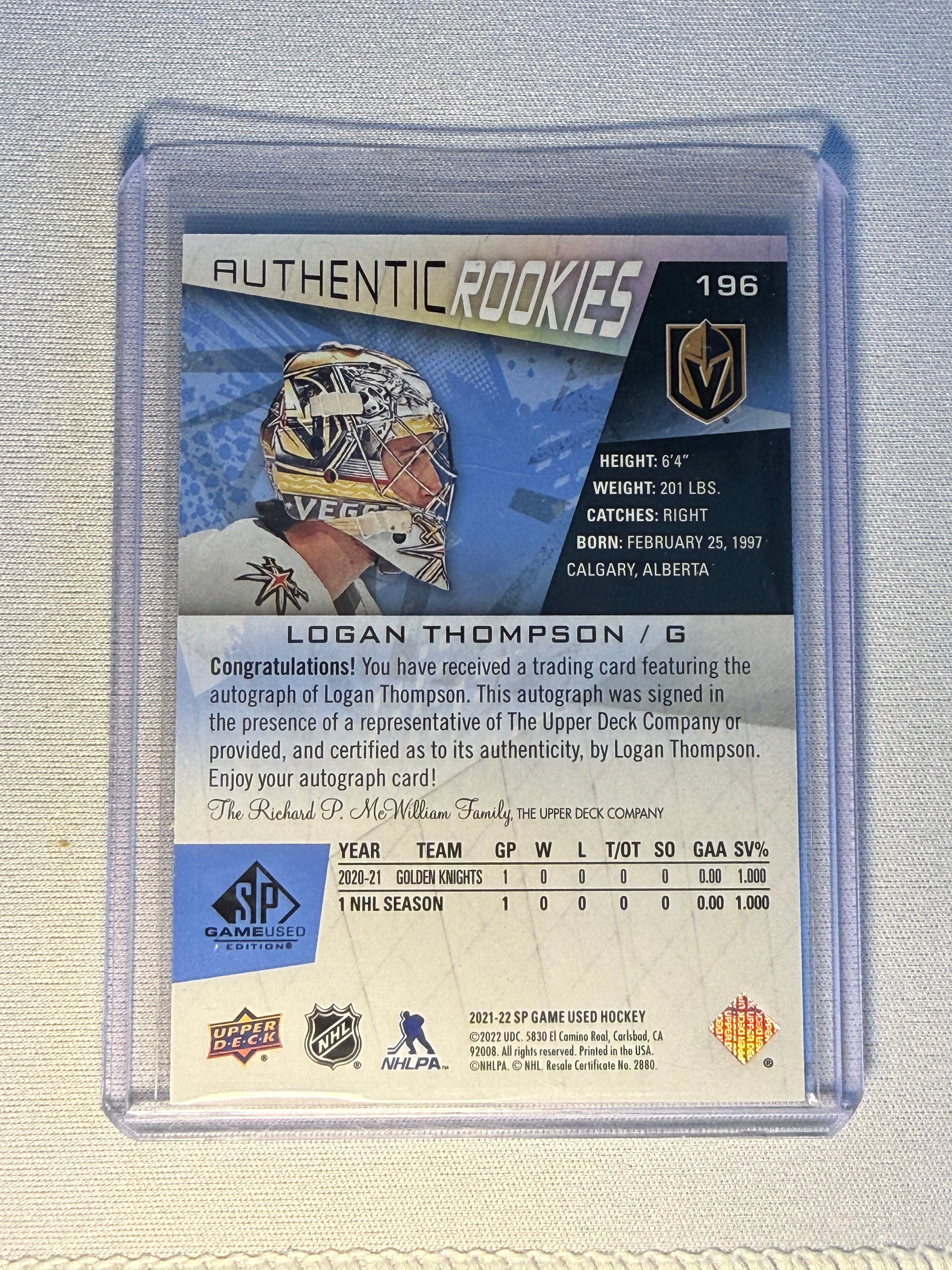 Logan Thompson Upper Deck Authentic Rookies Autographed Card