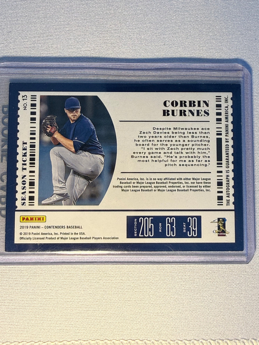 Corbin Burnes Panini Contenders Autographed Rookie Card /99