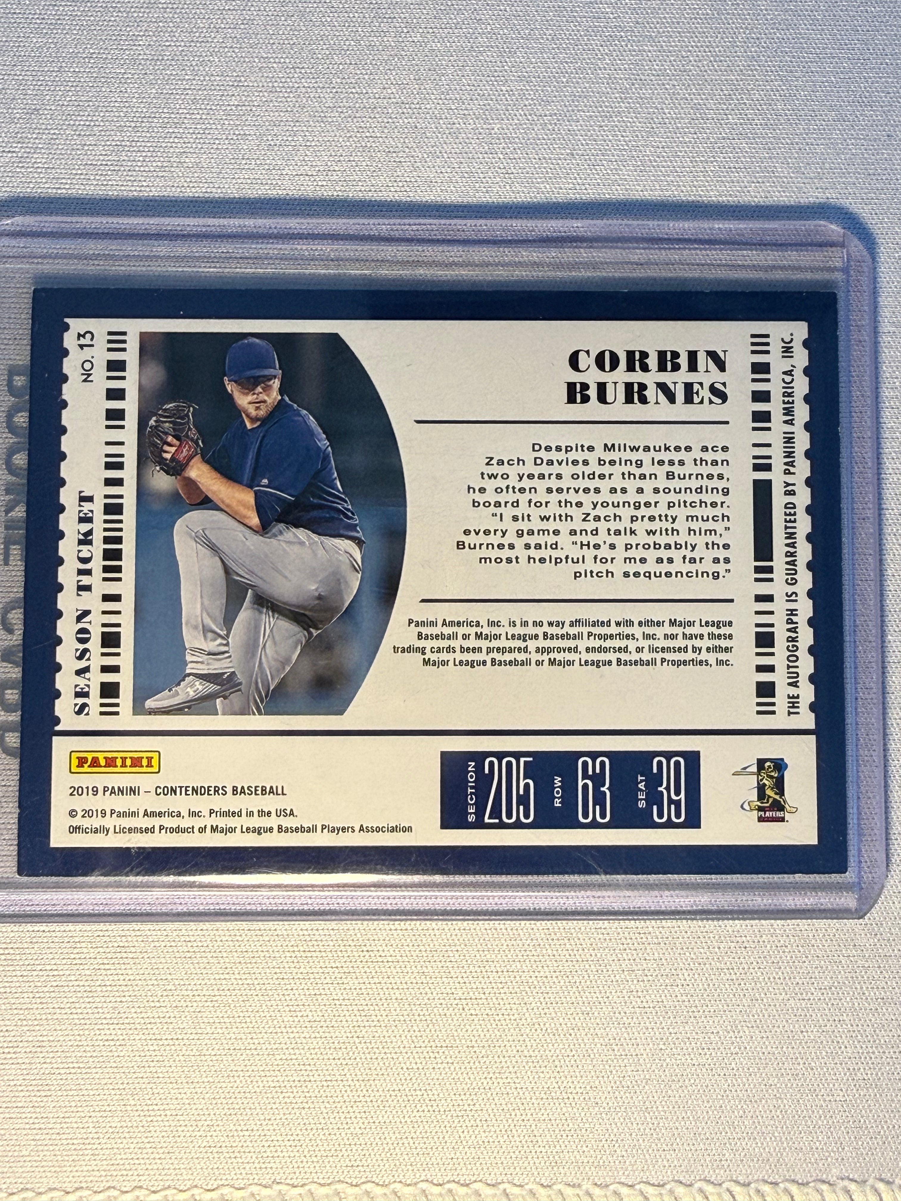 Corbin Burnes Panini Contenders Autographed Rookie Card /99