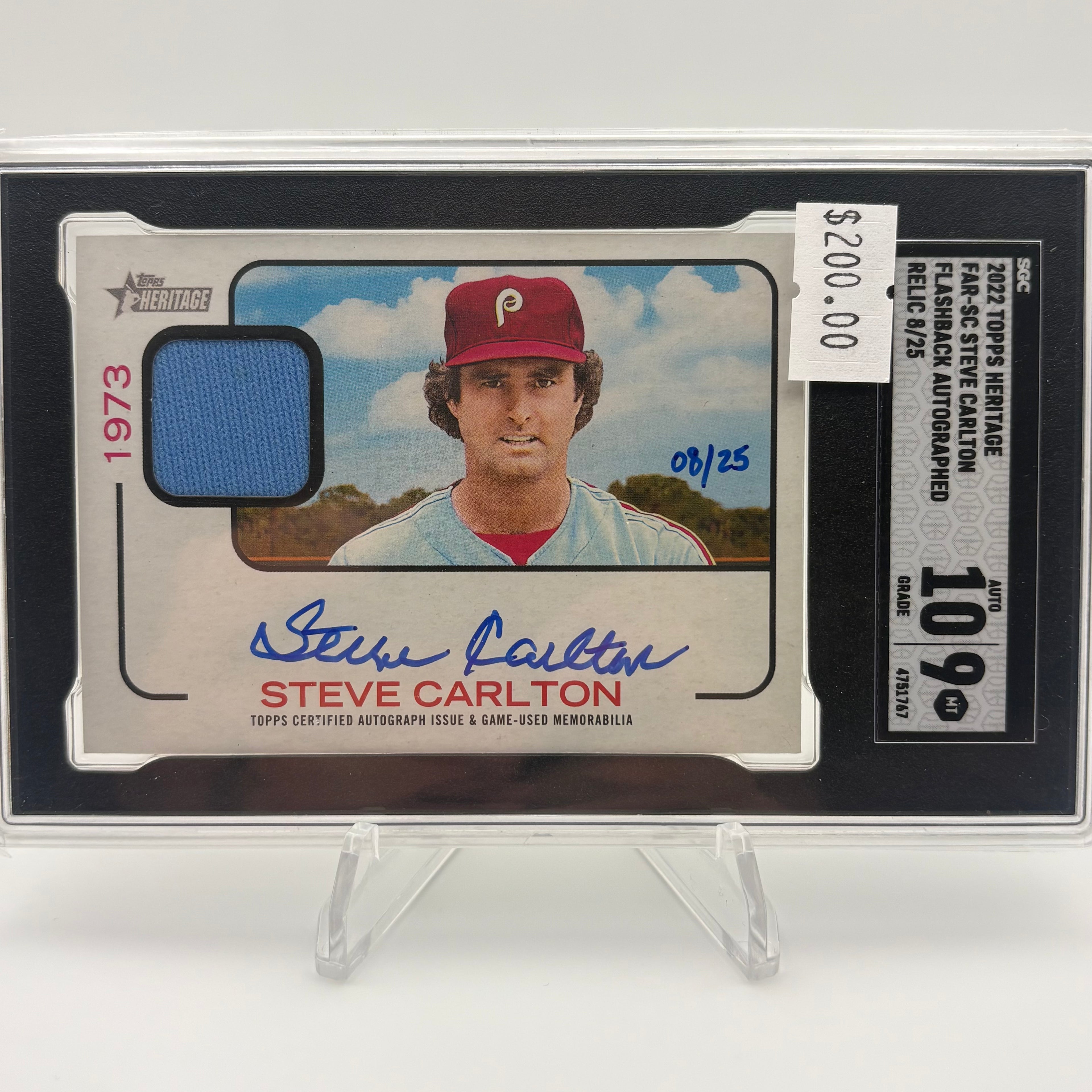 Steve Carlton 2022 Topps Heritage Flashback Autographed Relic /25 SGC 9