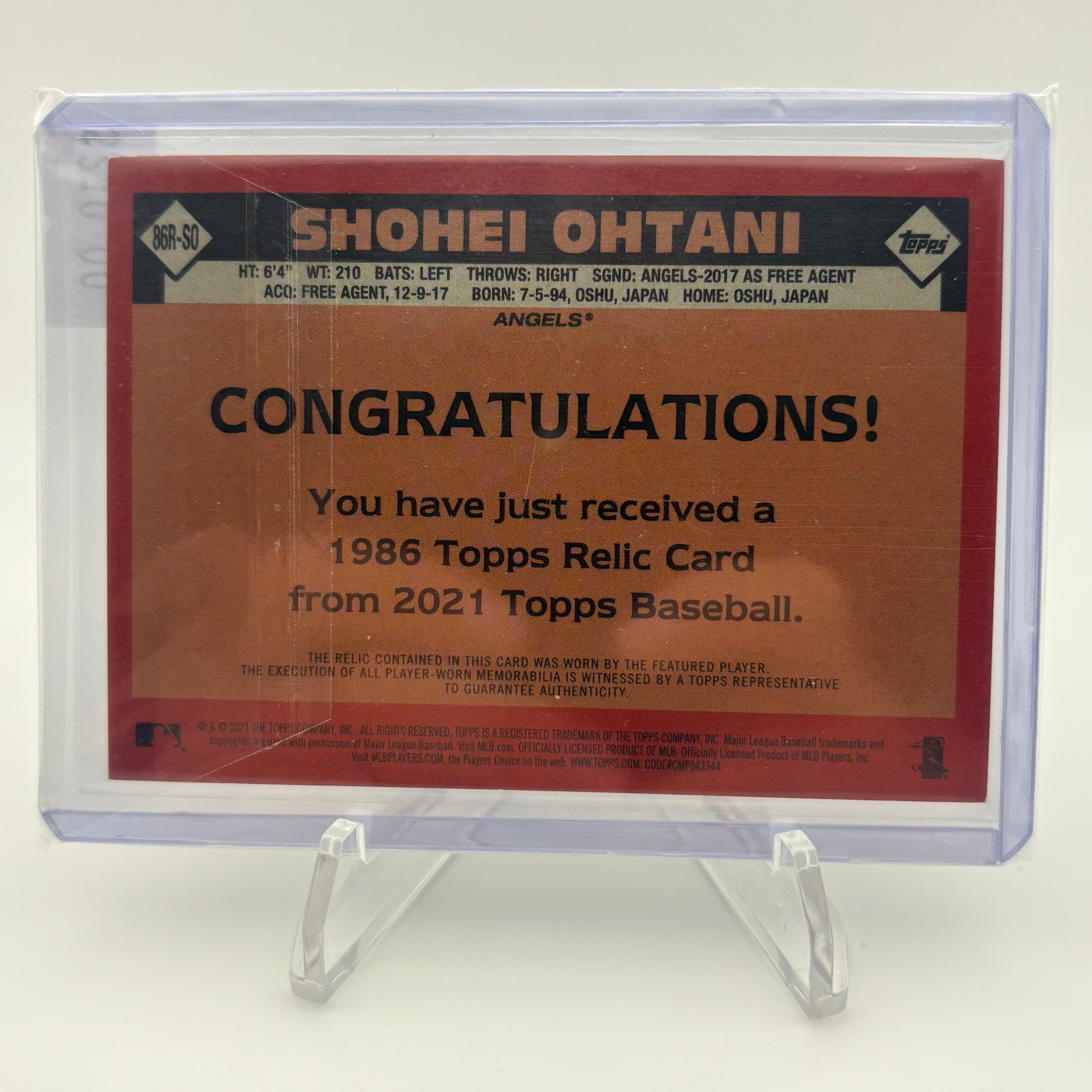 Shohei Ohtani 2021 Topps 1986 Relic Card /199
