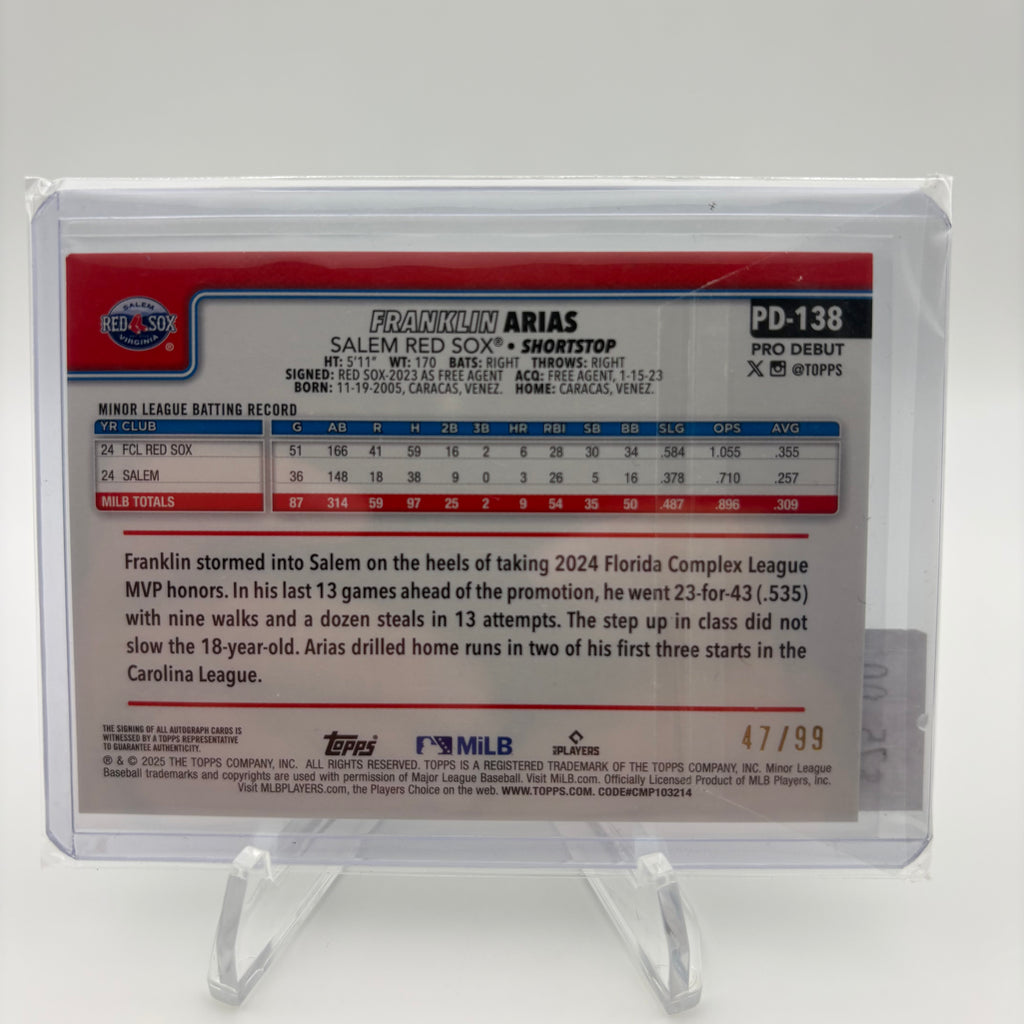 Franklin Arias 2025 Topps Pro Debut Auto /99