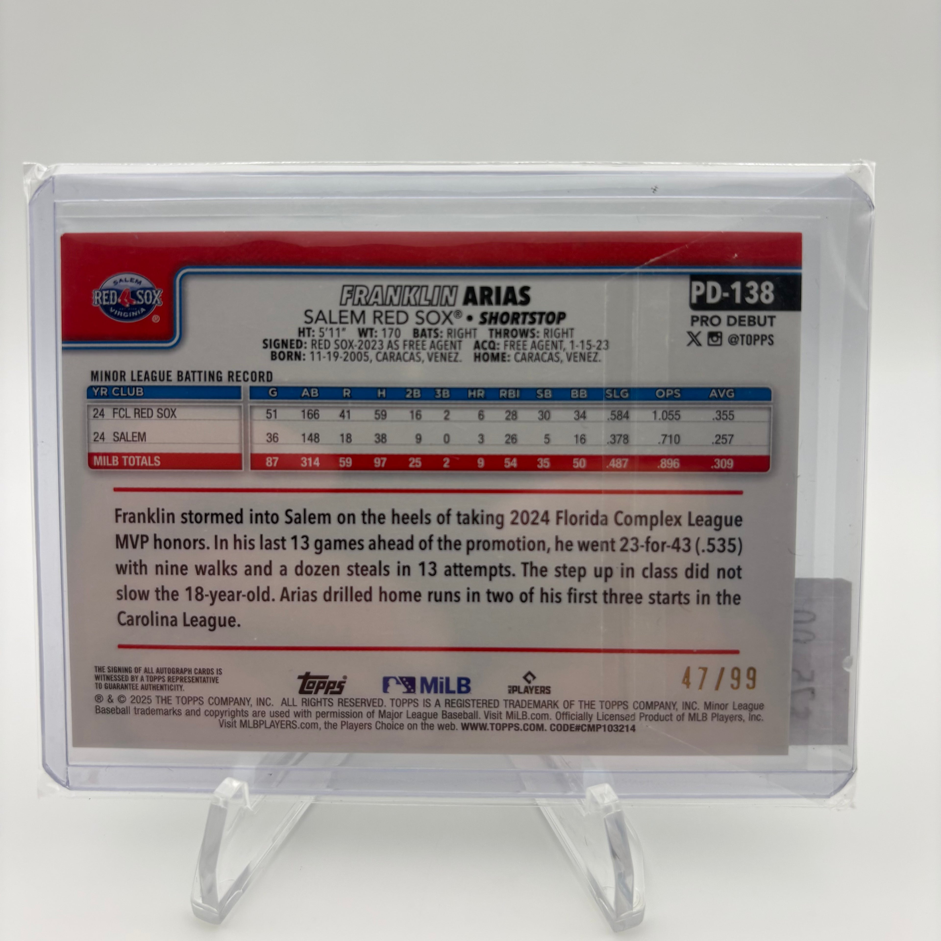 Franklin Arias 2025 Topps Pro Debut Auto /99