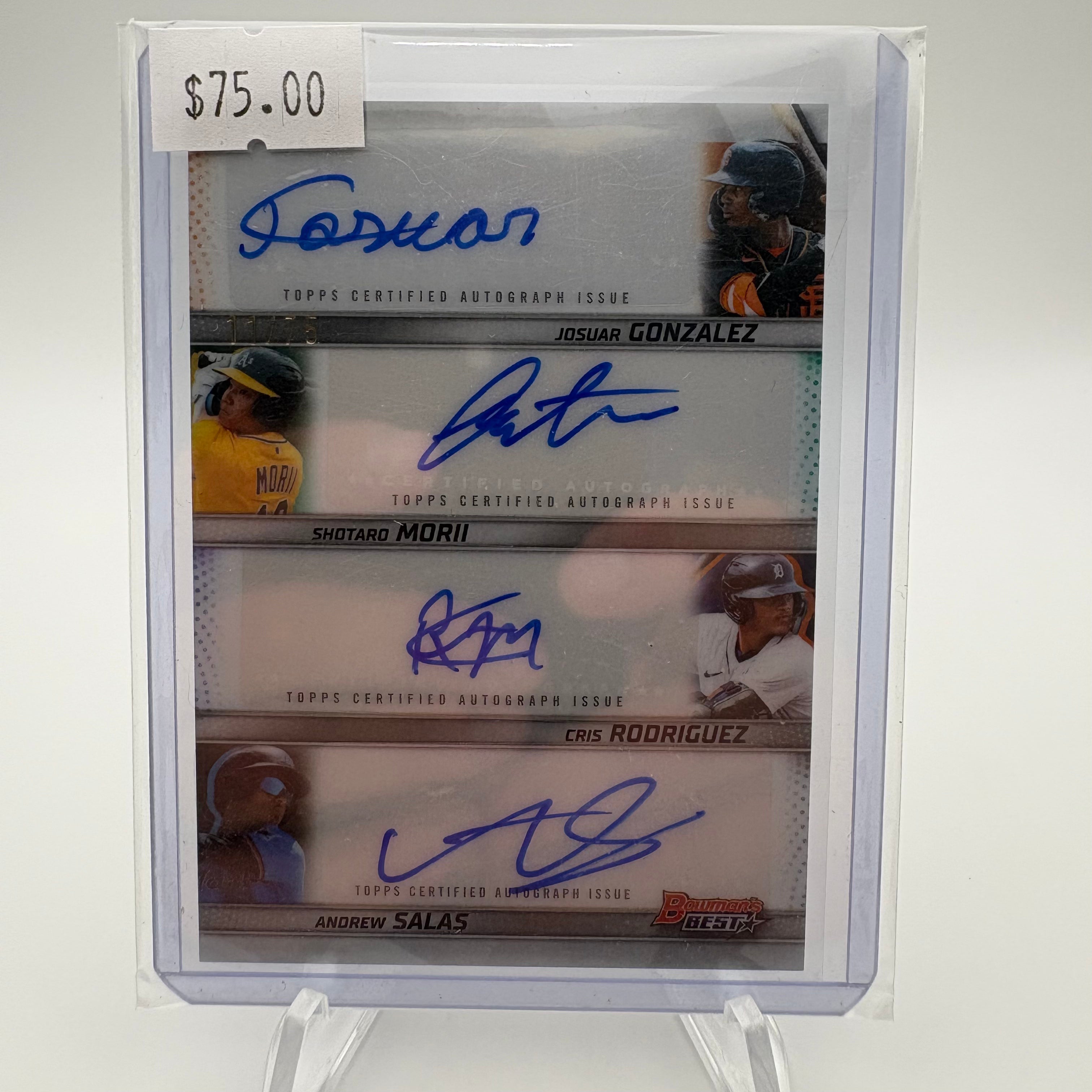 Josuar Gonzalez, Shotaro Morii Cris Rodriguez, Andrew Salas 2025 Topps Autographed Card /75