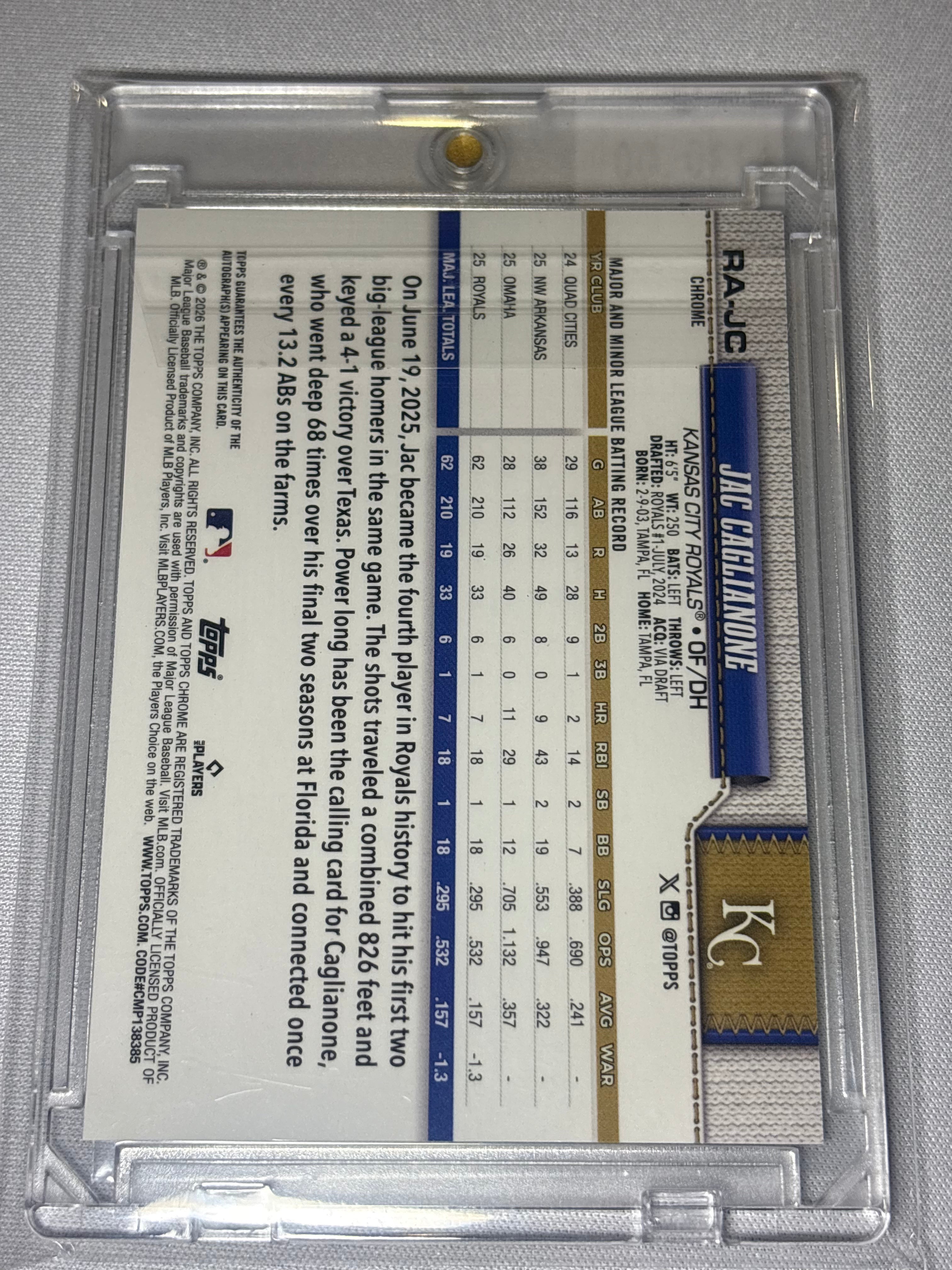 Jac Caglianone 2026 Topps Chrome Rookie Autographed Card