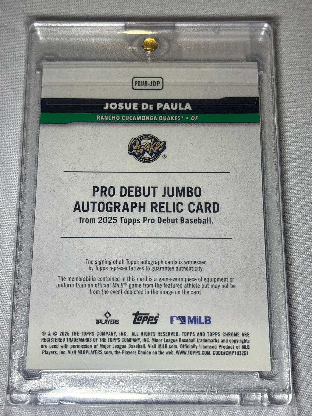 Josue De Paula 2025 Topps Pro Debut Chrome Jersey Patch Auto /400