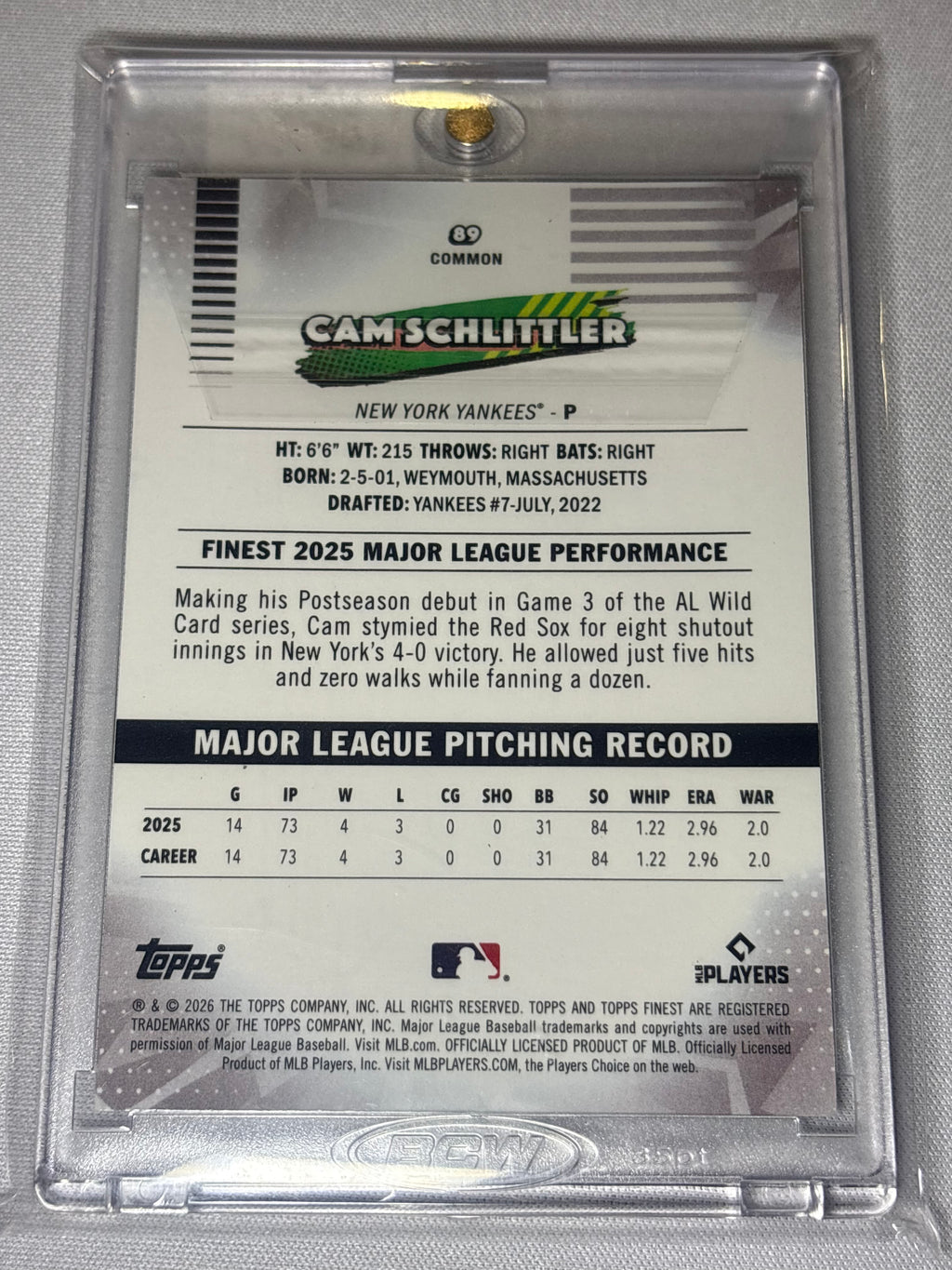 Cam Schlittler 2026 Topps Finest /99