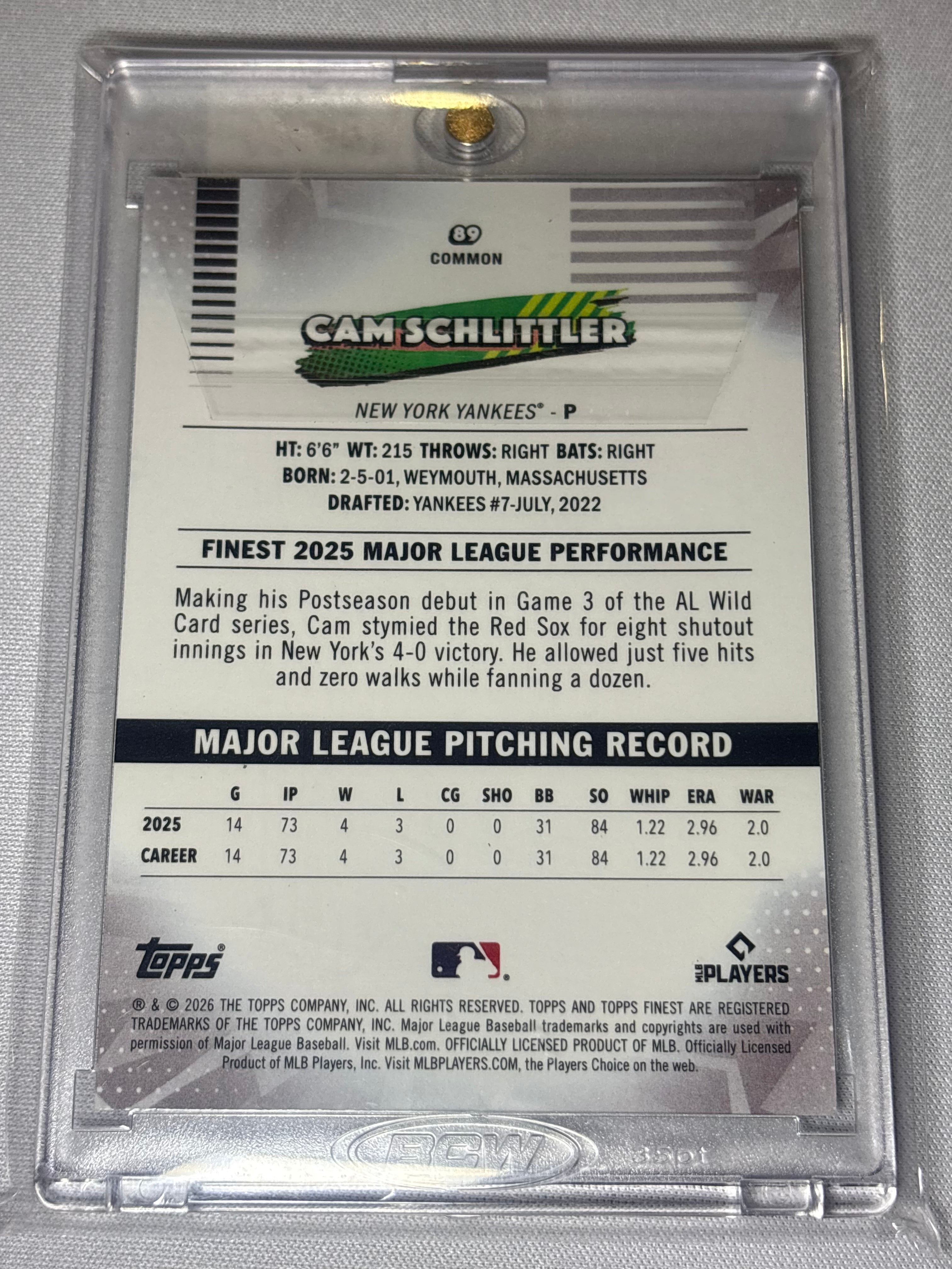 Cam Schlittler 2026 Topps Finest /99