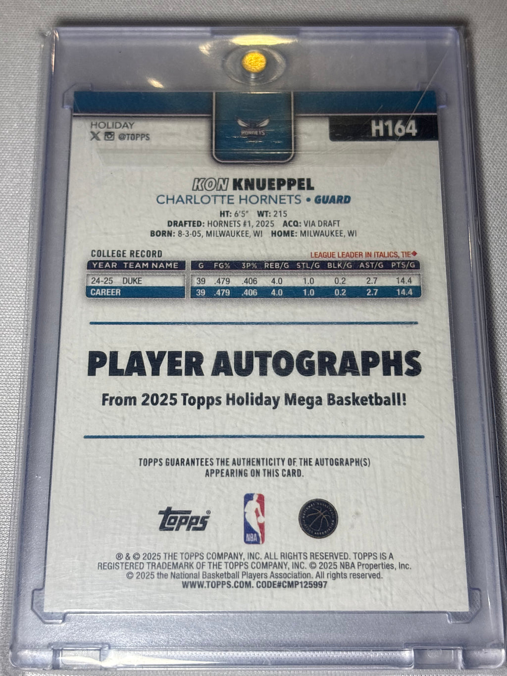 Kon Knueppel 2025 Topps Holiday Mega Rookie Autographed Card