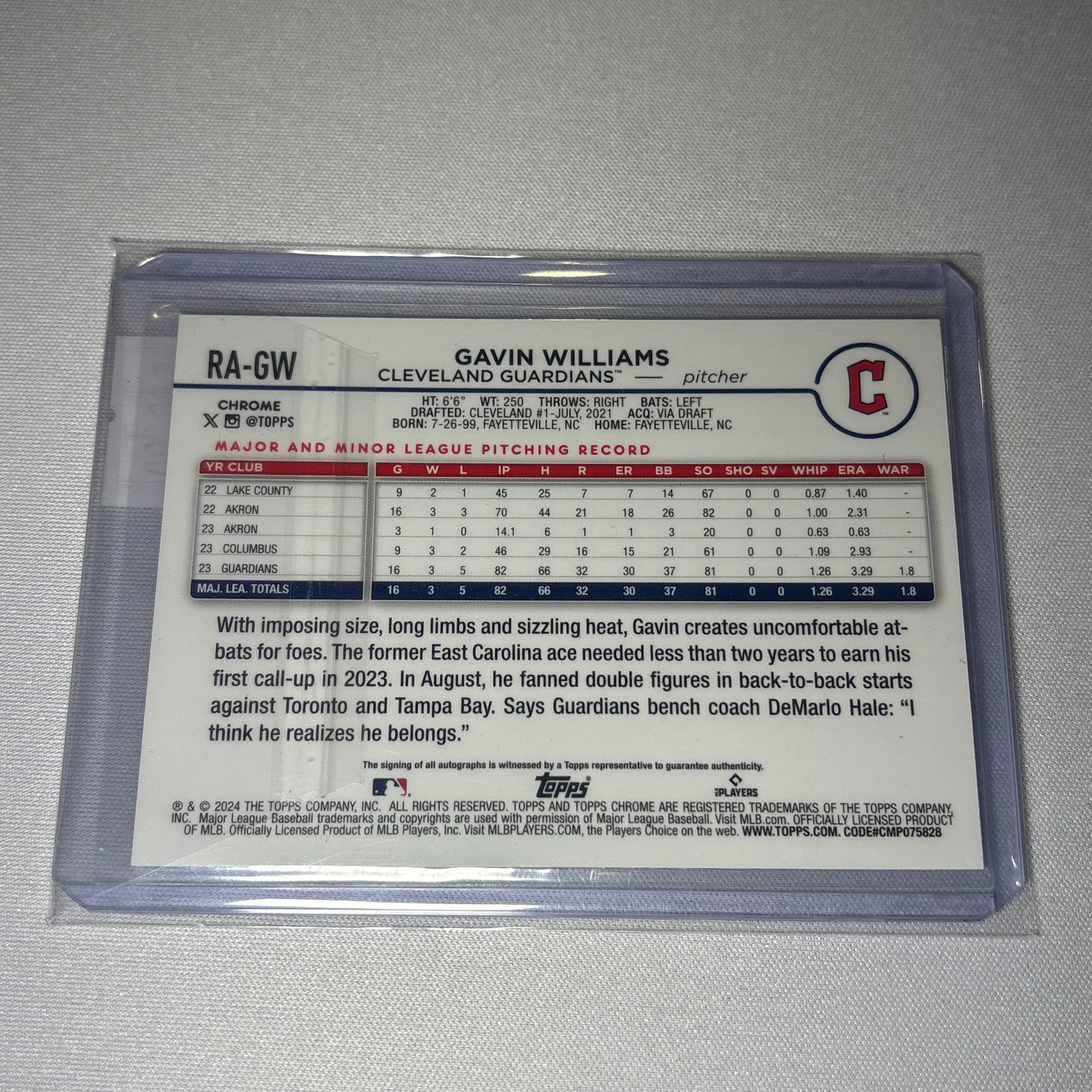 Gavin Williams 2024 Topps Chrome Autographed Card /299