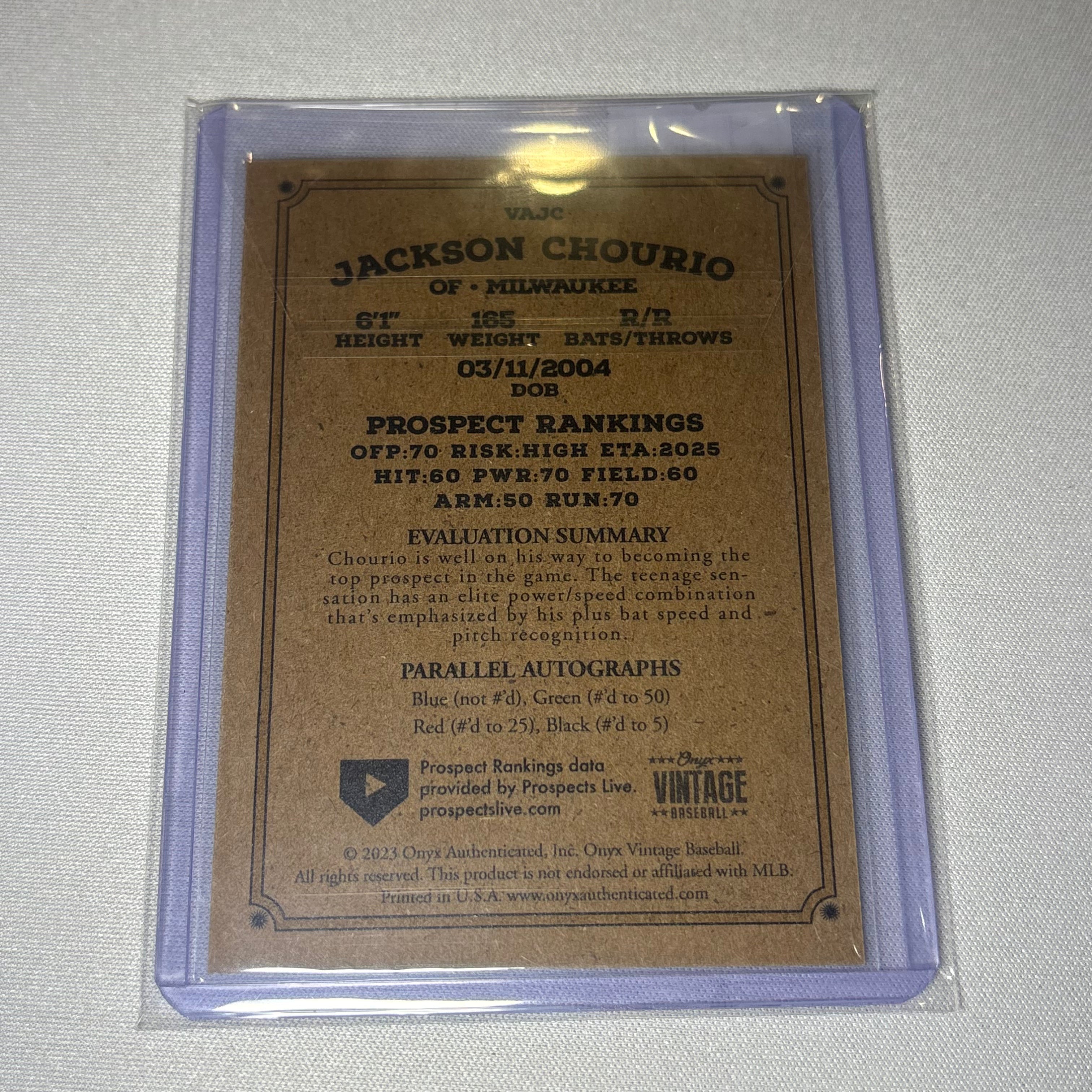 Jackson Chourio Onyx Vintage Baseball Autographed Card