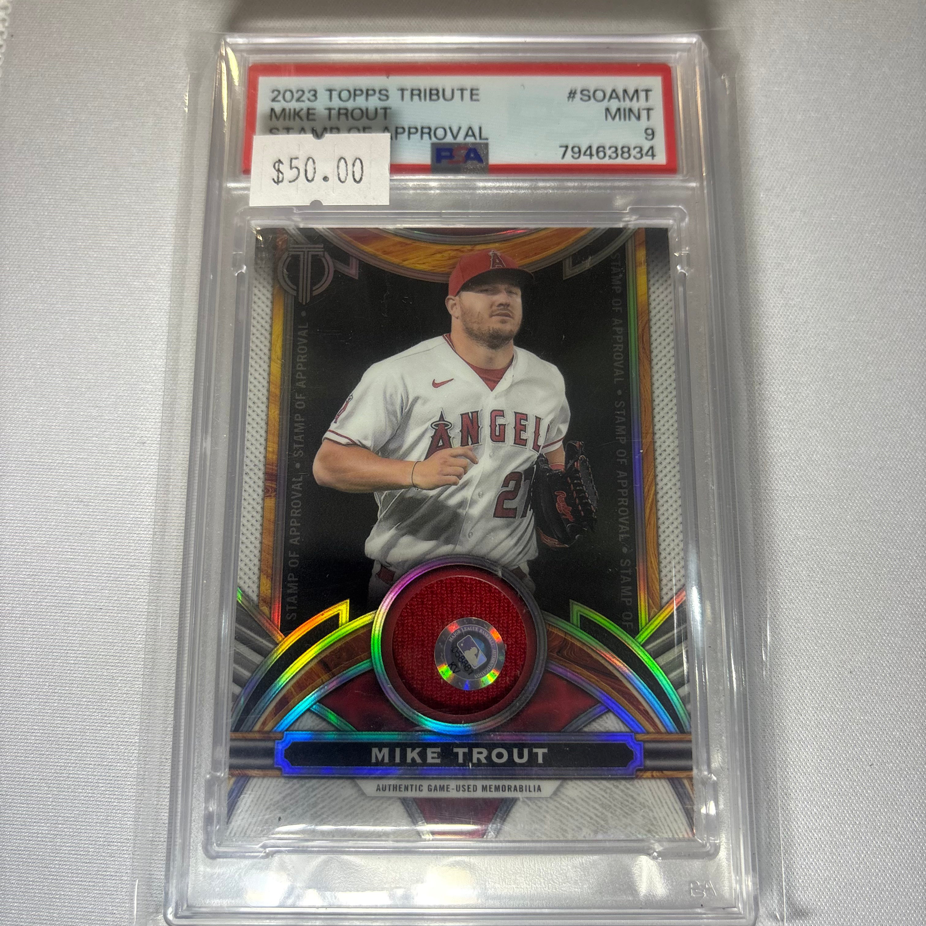 Mike Trout 2023 Topps Tribute Stamp of Approval PSA 9